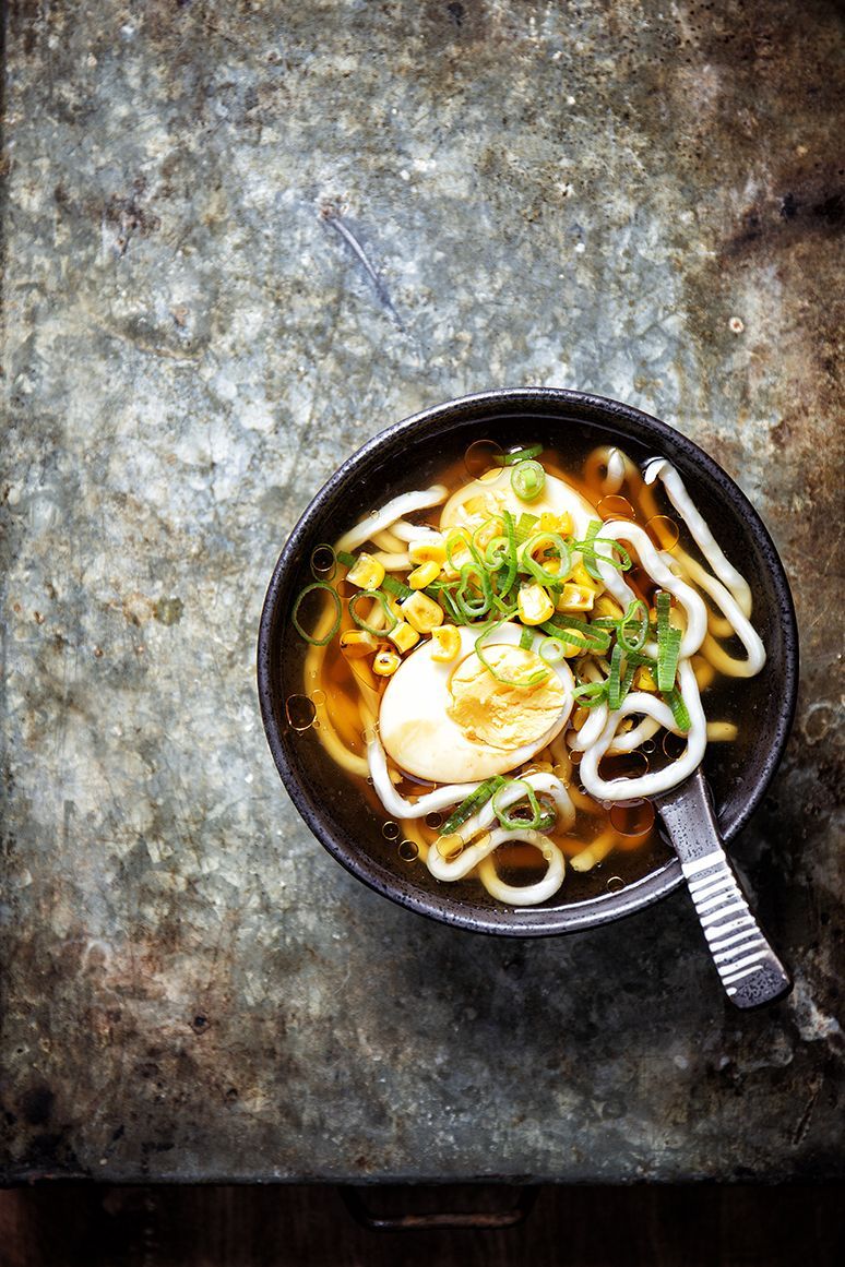 Udon noodles with soy eggs