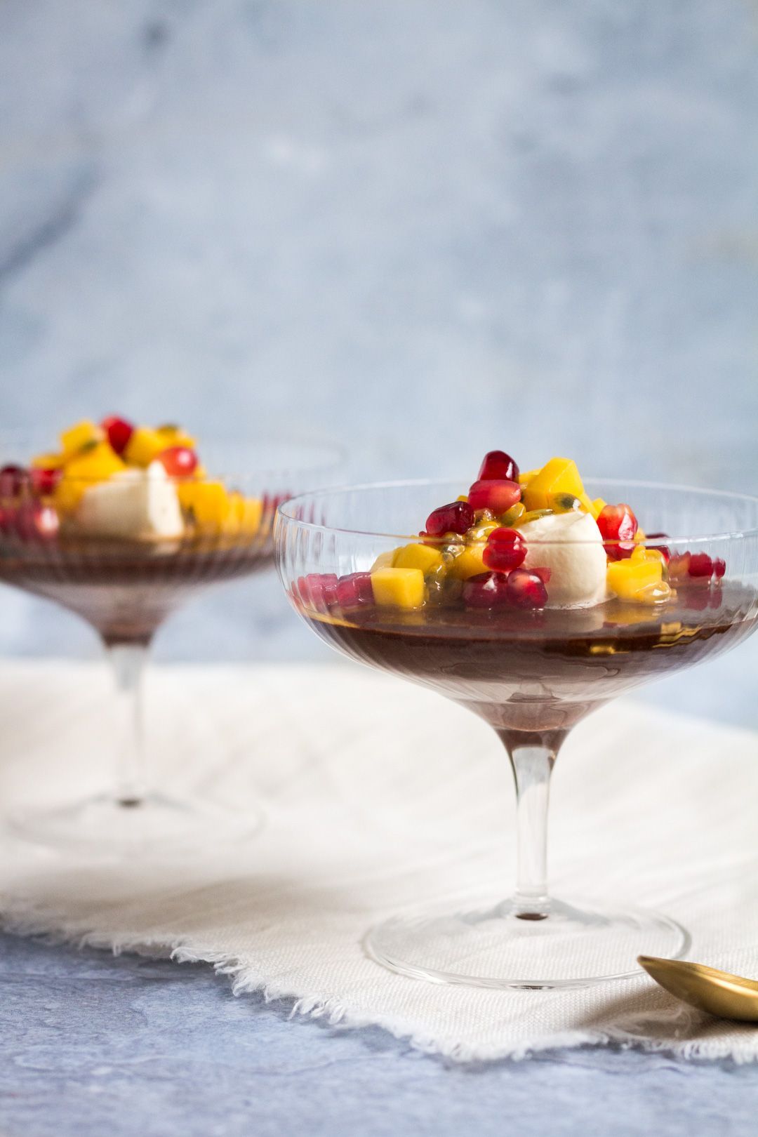 Chocolate jars with mango and passion fruit