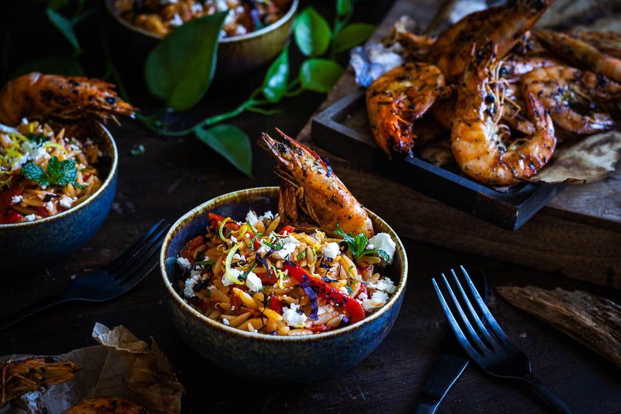 Grilled Scampi with Orzo - Red Pesto - Grilled bell pepper