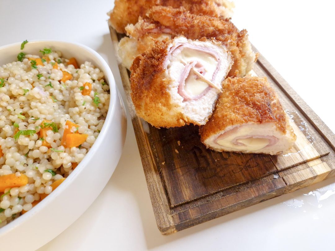 Crispy chicken roll with pearl couscous and sweet potato