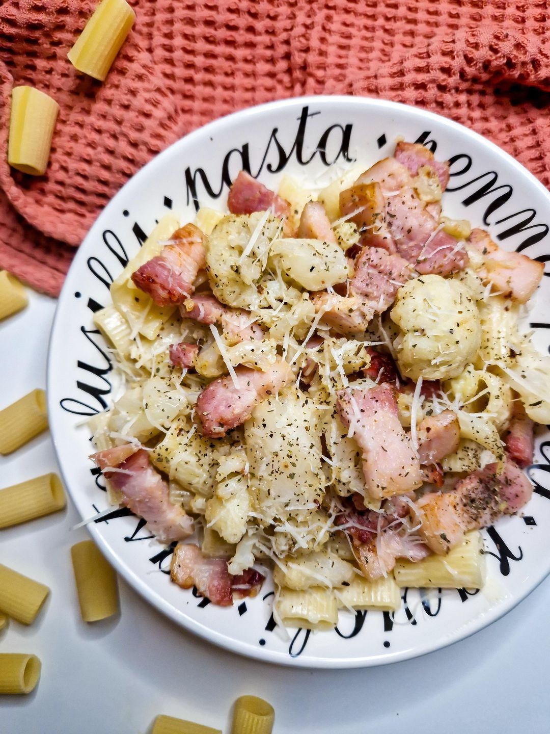 Pasta carbonara with grilled cauliflower
